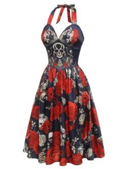 Black 1950s Sweetheart Skeleton Rose Swing Dress -Retro Pulse Shop SCHL000859 2 compressed