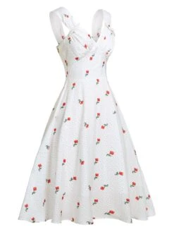 White Satin-faux Cherry Polka Dot Dress -Retro Pulse Shop SCHL000992 2
