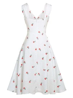 White Satin-faux Cherry Polka Dot Dress -Retro Pulse Shop SCHL000992 3