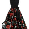 Black 1950s Halloween Skull Rose Sleeveless Dress -Retro Pulse Shop SCHL001035 01