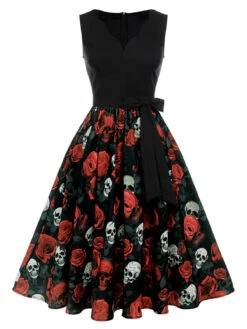 Black 1950s Halloween Skull Rose Sleeveless Dress -Retro Pulse Shop SCHL001035 1