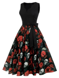 Black 1950s Halloween Skull Rose Sleeveless Dress -Retro Pulse Shop SCHL001035 2