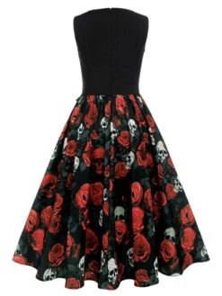 Black 1950s Halloween Skull Rose Sleeveless Dress -Retro Pulse Shop SCHL001035 3