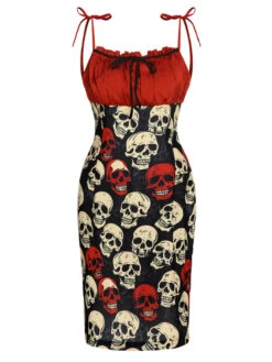 Red 1960s Halloween Skull Strap Dress -Retro Pulse Shop SCHL001036 1