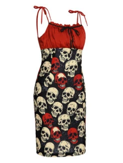 Red 1960s Halloween Skull Strap Dress -Retro Pulse Shop SCHL001036 2