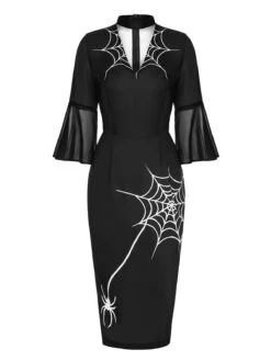 Black 1960s Halloween Spider Net Bell Pencil Dress -Retro Pulse Shop SCHL001044 1