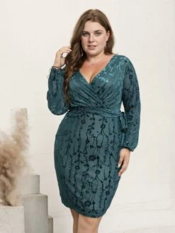 [Plus Size] Green 1960s Floral Jacquard Pencil Dress -Retro Pulse Shop SCHL001556 4