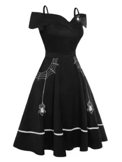 Black 1950s Halloween Off-Shoulder Spider Web Dress -Retro Pulse Shop SCHL001594 2