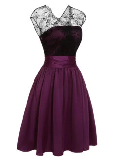 Dark Purple 1950s Lace Patchwork V-Neck Dress -Retro Pulse Shop SCHL001840 2