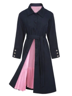 Dark Blue 1950s Solid Belted Coat -Retro Pulse Shop SCHL001910 01