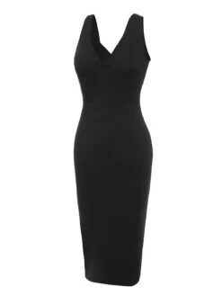 Black 1960s V-Neck Solid Bodycon Dress -Retro Pulse Shop SCHL002063 2