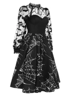 Black 1950s Halloween Bat Mesh Sleeved Dress -Retro Pulse Shop SCHL002086 2