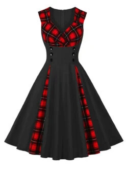 Red & Black 1950s Plaid V-Neck Dress -Retro Pulse Shop SCHL002106 B 4