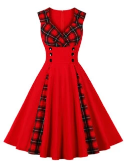 Red & Black 1950s Plaid V-Neck Dress -Retro Pulse Shop SCHL002106 R 6