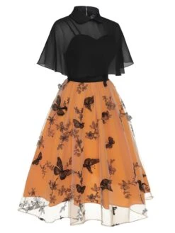 Black & Orange 1950s 3D Butterflys Cloak Dress -Retro Pulse Shop SCHL002302 2 compressed