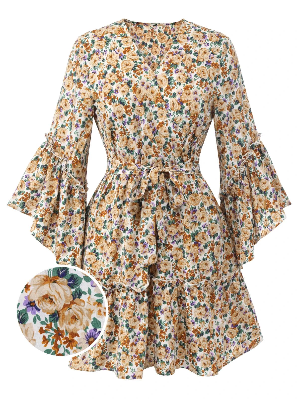 1960s Floral Flared Long Sleeve Dress With Belt 3 1960s Floral Flared Long Sleeve Dress With Belt