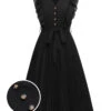 Black 1940s Solid Flying Sleeve Pleated Dress