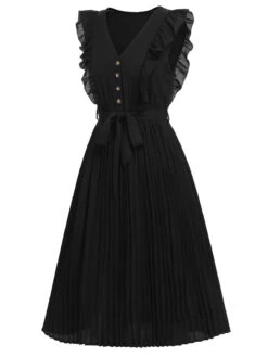 Black 1940s Solid Flying Sleeve Pleated Dress -Retro Pulse Shop SCHL002328 2