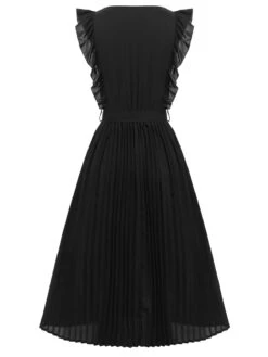 Black 1940s Solid Flying Sleeve Pleated Dress -Retro Pulse Shop SCHL002328 3