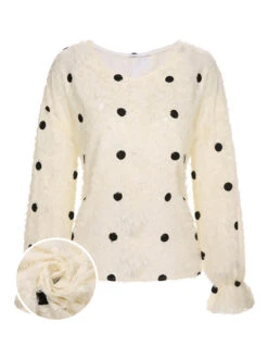 Creamy White 1950s Polka Dots Elastic Cuff Top