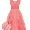 Coral Pink 1950s V-Neck Sequin Dress -Retro Pulse Shop SCHL002377 01