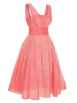 Coral Pink 1950s V-Neck Sequin Dress -Retro Pulse Shop SCHL002377 2