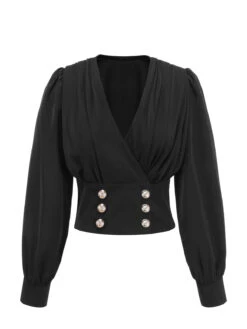 Black 1950s Solid Puff Sleeves V-Neck Blouse