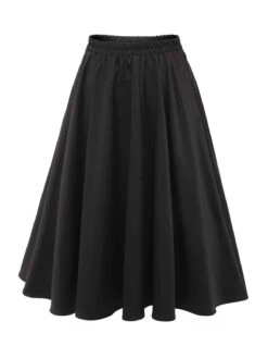 Black 1950s Solid Elastic Waist Pleated Skirt -Retro Pulse Shop SCHL002413 2 compressed