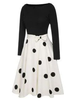 Black 1950s Polka Dot Bow Patchwork Knitted Dress -Retro Pulse Shop SCHL002421 2