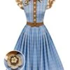 Blue 1950s Lapel Bow Decor Plaids Patchwork Dress -Retro Pulse Shop SCHL002470 01