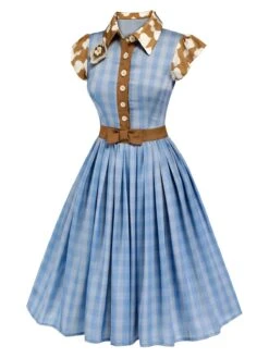 Blue 1950s Lapel Bow Decor Plaids Patchwork Dress -Retro Pulse Shop SCHL002470 2