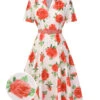 Beige 1950s Roses Lapel Dress With Belt