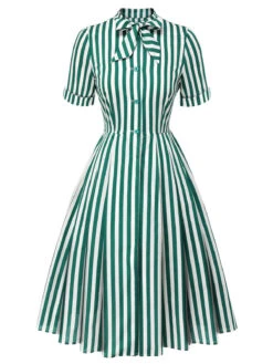 Dark Green 1950s Tie Neck Striped Dress -Retro Pulse Shop SCHL002510 1