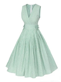 Mint Green 1950s Striped V-Neck Dress -Retro Pulse Shop SCHL002517 2