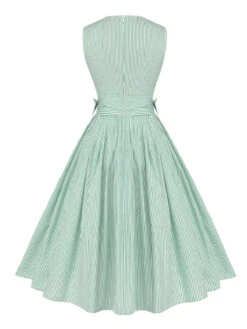 Mint Green 1950s Striped V-Neck Dress -Retro Pulse Shop SCHL002517 3