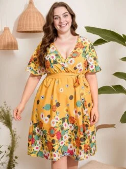 [Plus Size] Yellow 1950s V-Neck Belted Floral Dress -Retro Pulse Shop SCHL002550