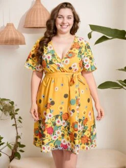 [Plus Size] Yellow 1950s V-Neck Belted Floral Dress -Retro Pulse Shop SCHL002550 2