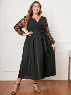 [Plus Size] Black 1950s Floral Mesh Sleeves Dress -Retro Pulse Shop SCHL002557 3