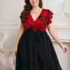 [Plus Size] Black 1950s Red Floral Ruffle Sleeved Dress -Retro Pulse Shop SCHL002568 1