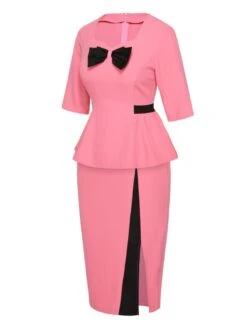 2PCS Pink 1960s Bow Waist Top & Slit Skirt -Retro Pulse Shop SCHL002577 SCHL002578 2