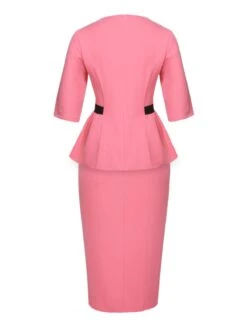 2PCS Pink 1960s Bow Waist Top & Slit Skirt -Retro Pulse Shop SCHL002577 SCHL002578 3