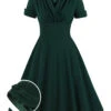 [Plus Size] Dark Green 1950s V-Neck Solid Swing Dress -Retro Pulse Shop SCHL002586 01