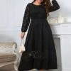[Plus Size] Black 1940s Long Sleeve Solid Lace Dress -Retro Pulse Shop SCHL002609 B
