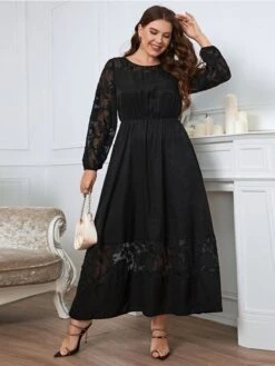 [Plus Size] Black 1940s Long Sleeve Solid Lace Dress