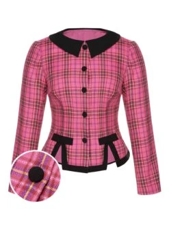 Pink 1950s Woven Plaids Long Sleeve Coat