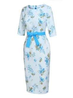 Sky Blue 1960s Floral Belted Pencil Dress -Retro Pulse Shop SCHL002633 2 compressed