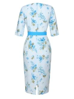 Sky Blue 1960s Floral Belted Pencil Dress -Retro Pulse Shop SCHL002633 3 compressed