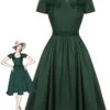 Green 1950s Solid Bow Square Collar Dress -Retro Pulse Shop SCHL002640 01