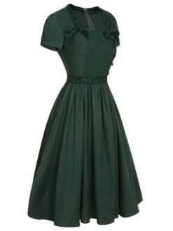 Green 1950s Solid Bow Square Collar Dress -Retro Pulse Shop SCHL002640 2