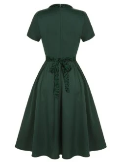 Green 1950s Solid Bow Square Collar Dress -Retro Pulse Shop SCHL002640 3